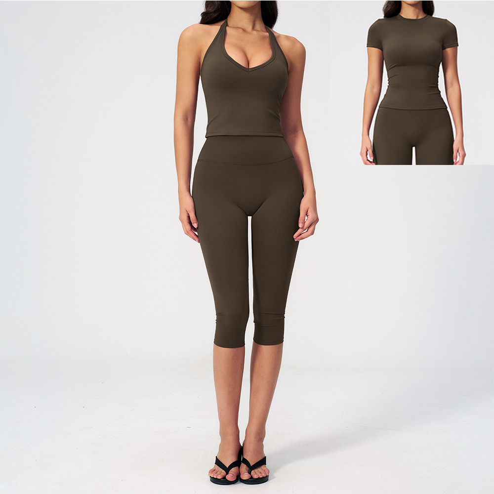 Pilates Yoga Legging - Women Halter Ruched V Neck 2/3Piece